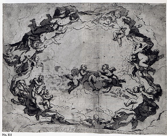A Glory of Angels, Luca Giordano (Italian, Naples 1634–1705 Naples), Pen and brown ink, brown wash, over black chalk sketch.