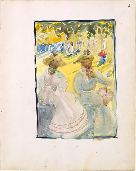 Large Boston Public Garden Sketchbook: Two women sitting in a park, Maurice Brazil Prendergast  (American, St. John’s, Newfoundland 1858–1924 New York), Recto: watercolor over pencil, bordered in pencil and watercolor; verso: pencil 