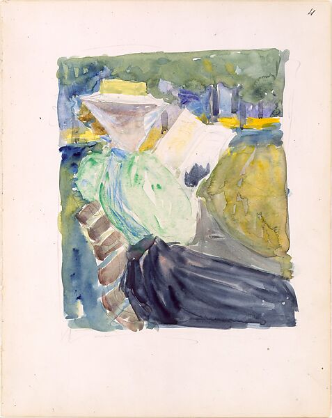 Large Boston Public Garden Sketchbook: A woman reading in the park, Maurice Brazil Prendergast  (American, St. John’s, Newfoundland 1858–1924 New York), Watercolor over pencil; bordered in pencil 