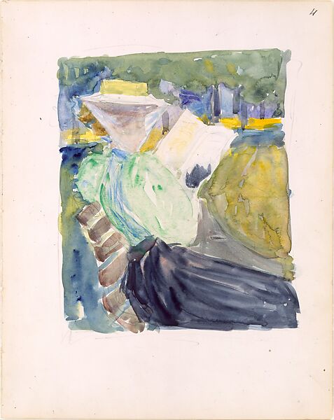 Large Boston Public Garden Sketchbook: A woman reading in the park, Maurice Brazil Prendergast   American, Watercolor over pencil; bordered in pencil