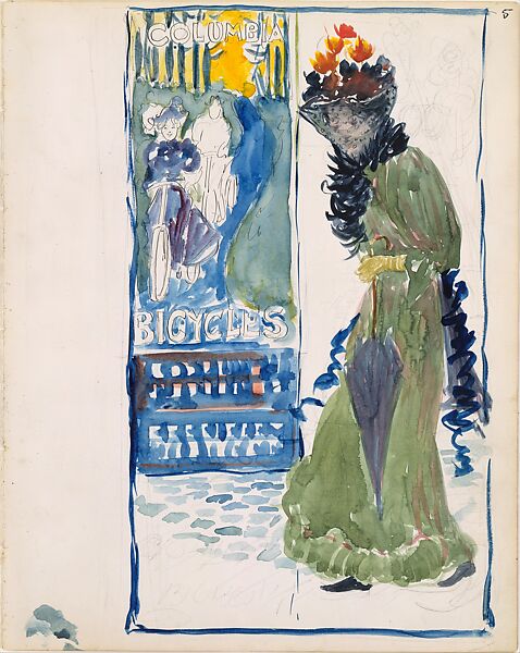 Large Boston Public Garden Sketchbook: Design for a bicycle poster, Maurice Brazil Prendergast  (American, St. John’s, Newfoundland 1858–1924 New York), Recto: watercolor over pencil, bordered in pencil and watercolor; verso: pencil 