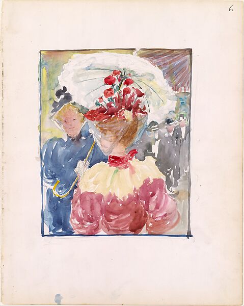 Large Boston Public Garden Sketchbook: Two women conversing on the street, Maurice Brazil Prendergast  (American, St. John’s, Newfoundland 1858–1924 New York), Watercolor over pencil, bordered in pencil and watercolor 