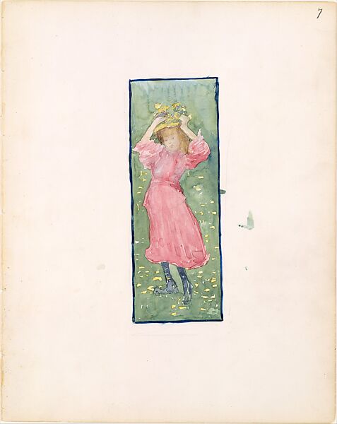 Large Boston Public Garden Sketchbook: A girl holding her hat, Maurice Brazil Prendergast   American, Watercolor over pencil, bordered in pencil and watercolor
