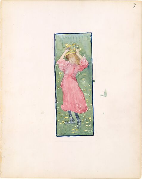 Large Boston Public Garden Sketchbook: A girl holding her hat, Maurice Brazil Prendergast  (American, St. John’s, Newfoundland 1858–1924 New York), Watercolor over pencil, bordered in pencil and watercolor 