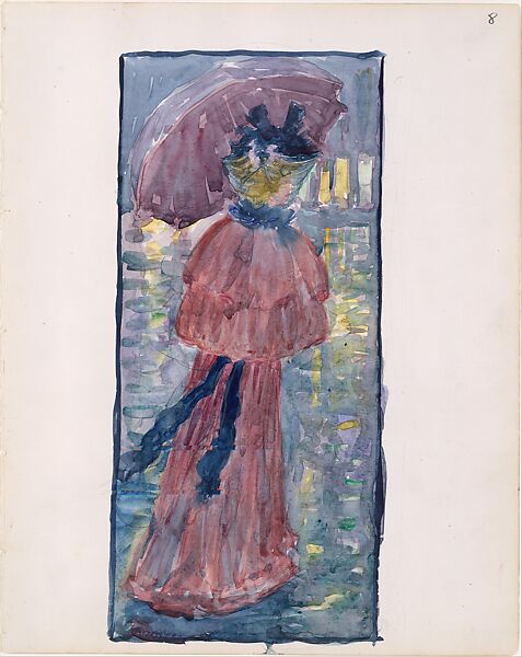 Large Boston Public Garden Sketchbook: A woman walking in the rain under an umbrella, Maurice Brazil Prendergast  (American, St. John’s, Newfoundland 1858–1924 New York), Recto: watercolor over pencil, bordered in pencil and watercolor; Verso: watercolor over pencil 