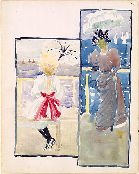 Large Boston Public Garden Sketchbook:  A young girl and a woman gazing out to sea, Maurice Brazil Prendergast  (American, St. John’s, Newfoundland 1858–1924 New York), Recto; watercolor over pencil, bordered in pencil and watercolor 