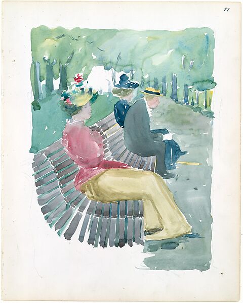 Large Boston Public Garden Sketchbook: A man and two women sitting in the park, Maurice Brazil Prendergast   American, Recto: watercolor and pencil, bordered in pencil; Verso: pencil, bordered