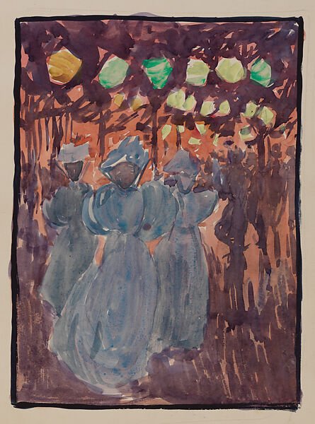 Large Boston Public Garden Sketchbook: Night scene with three women in blue, Maurice Brazil Prendergast   American, Recto: watercolor over pencil, bordered in pencil and watercolor