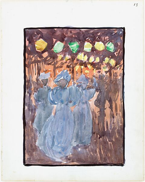 Large Boston Public Garden Sketchbook: Night scene with three women in blue, Maurice Brazil Prendergast  (American, St. John’s, Newfoundland 1858–1924 New York), Recto: watercolor over pencil, bordered in pencil and watercolor