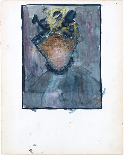 Large Boston Public Garden Sketchbook:  A  woman in a veiled hat, Maurice Brazil Prendergast   American, Recto: watercolor over pencil, bordered in watercolor