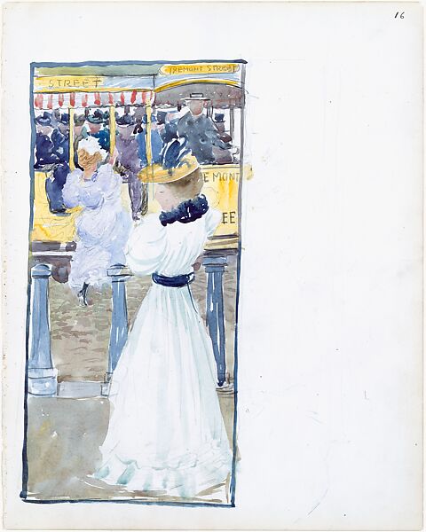Large Boston Public Garden Sketchbook: The streetcar on Tremont Street, Maurice Brazil Prendergast   American, Recto: watercolor over pencil, bordered in pencil and watercolor.