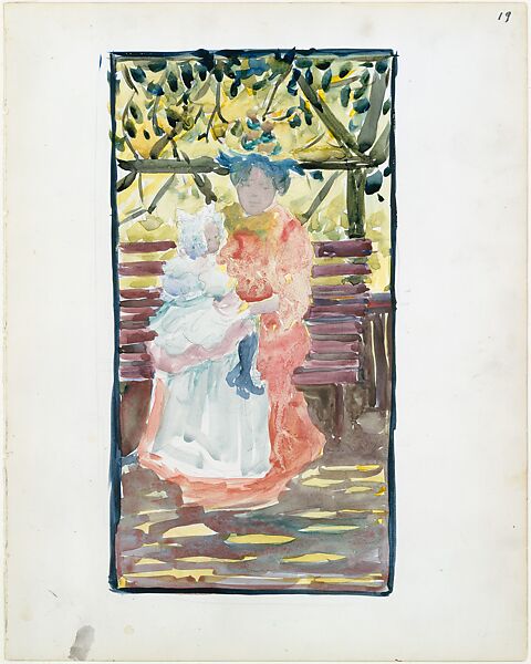 Large Boston Public Garden Sketchbook:  A  nanny with her charge, Maurice Brazil Prendergast  (American, St. John’s, Newfoundland 1858–1924 New York), Recto: watercolor over pencil, bordered in pencil and watercolor 