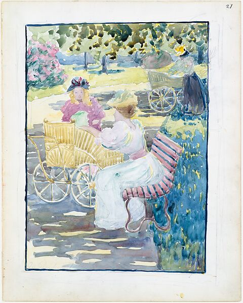 Large Boston Public Garden Sketchbook: Mothers and children in the park, Maurice Brazil Prendergast   American, Recto: watercolor over pencil, bordered in pencil and watercolor