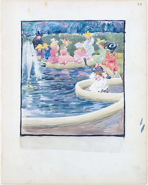 Large Boston Public Garden Sketchbook: A  fountain in the Public Garden, Maurice Brazil Prendergast  (American, St. John’s, Newfoundland 1858–1924 New York), Recto: watercolor over pencil, bordered in pencil and watercolor. 