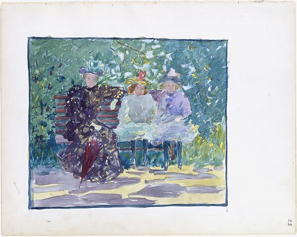 Large Boston Public Garden Sketchbook:  A  woman and two girls sitting in the park, Maurice Brazil Prendergast  (American, St. John’s, Newfoundland 1858–1924 New York), Recto: watercolor over pencil; bordered in pencil and watercolor 