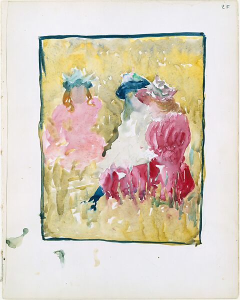 Large Boston Public Garden Sketchbook: Three girls sitting on the grass, Maurice Brazil Prendergast  (American, St. John’s, Newfoundland 1858–1924 New York), Recto: watercolor over pencil; bordered in pencil and watercolor; verso: pencil, bordered 