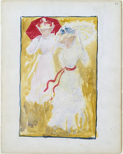 Large Boston Public Garden Sketchbook: Two women crossing a field, Maurice Brazil Prendergast  (American, St. John’s, Newfoundland 1858–1924 New York), Recto: watercolor over pencil, bordered in pencil and watercolor 
