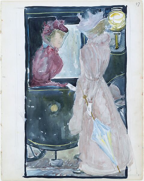 Large Boston Public Garden Sketchbook: Two women stopping to converse with an acquaintance riding in a carriage, Maurice Brazil Prendergast  (American, St. John’s, Newfoundland 1858–1924 New York), Recto: watercolor over pencil, bordered in watercolor and pencil 