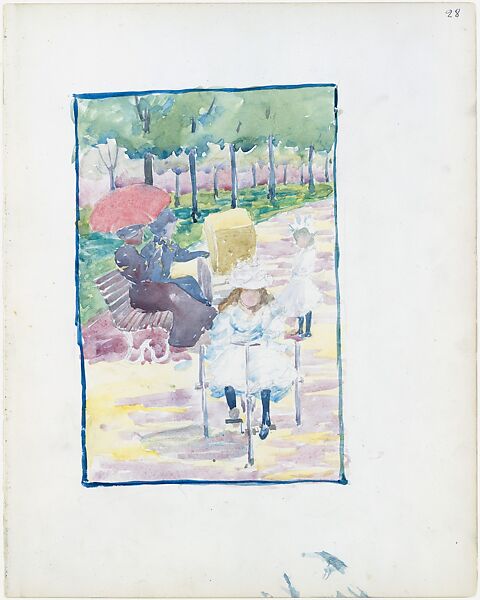 Large Boston Public Garden Sketchbook: A girl riding a tricycle in the park, Maurice Brazil Prendergast  (American, St. John’s, Newfoundland 1858–1924 New York), Recto: watercolor over pencil, bordered in pencil and watercolor 