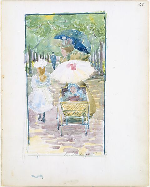 Large Boston Public Garden Sketchbook: A mother pushing her baby in a perambulator, with her daughter at her side, Maurice Brazil Prendergast  (American, St. John’s, Newfoundland 1858–1924 New York), Recto: watercolor over pencil, bordered in pencil and watercolor 