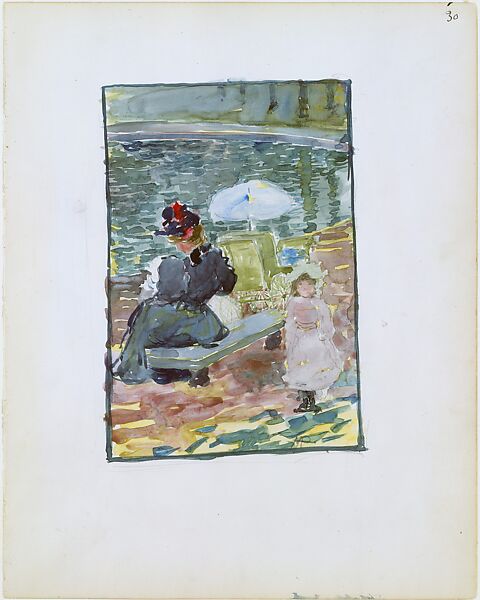 Large Boston Public Garden Sketchbook:  A mother sitting at the edge of a pond with her baby and a young daughter, Maurice Brazil Prendergast  (American, St. John’s, Newfoundland 1858–1924 New York), Recto: watercolor over pencil, bordered in pencil and watercolor 