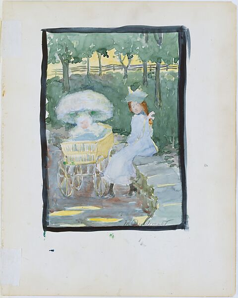 Large Boston Public Garden Sketchbook: Design for an advertisement for a tearoom, Maurice Brazil Prendergast  (American, St. John’s, Newfoundland 1858–1924 New York), Recto: pen and brush and black ink over pencil, bordered in pen and black ink over pencil; Verso: watercolor over pencil, bordered in pencil and watercolor