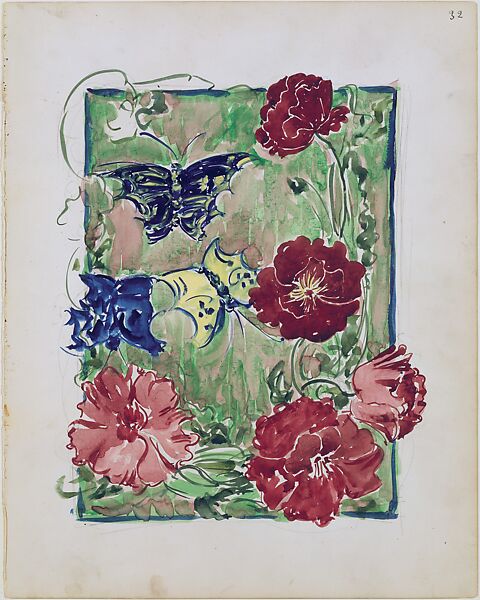 Large Boston Public Garden Sketchbook: Flowers and butterflies, Maurice Brazil Prendergast  (American, St. John’s, Newfoundland 1858–1924 New York), Recto: watercolor over pencil, bordered in pencil and watercolor; Verso: Pencil, bordered 