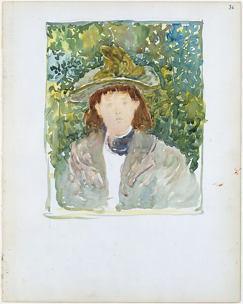 Large Boston Public Garden Sketchbook: A woman with red hair wearing a green plumed hat., Maurice Brazil Prendergast  (American, St. John’s, Newfoundland 1858–1924 New York), Recto: watercolor over pencil, bordered in pencil and watercolor 