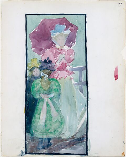 Large Boston Public Garden Sketchbook: Two young girls and a woman with a parasol, Maurice Brazil Prendergast  (American, St. John’s, Newfoundland 1858–1924 New York), Recto: watercolor over pencil, bordered in pencil and watercolor; Verso: pen and red ink and pencil 