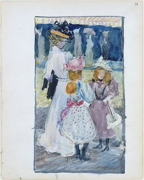 Large Boston Public Garden Sketchbook: Two girls and a woman in a veiled hat, Maurice Brazil Prendergast  (American, St. John’s, Newfoundland 1858–1924 New York), Recto: watercolor over pencil, bordered in pencil and watercolor 