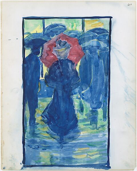 Large Boston Public Garden Sketchbook: Night scene with figures carrying umbrellas, Maurice Brazil Prendergast  (American, St. John’s, Newfoundland 1858–1924 New York), Recto: watercolor over pencil, bordered in pencil and watercolor; verso: pencil 