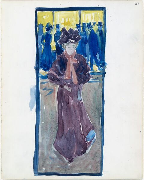 Large Boston Public Garden Sketchbook: Night scene with a woman walking and men in top hats in the background, Maurice Brazil Prendergast  (American, St. John’s, Newfoundland 1858–1924 New York), Recto: watercolor over pencil, bordered in pencil and watercolor; Verso: Pencil 