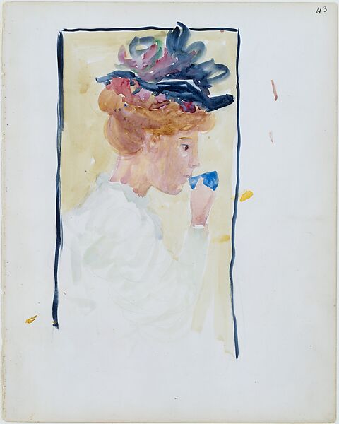 Large Boston Public Garden Sketchbook: A  woman drinking from a cup, Maurice Brazil Prendergast  (American, St. John’s, Newfoundland 1858–1924 New York), Recto: watercolor over pencil, bordered in pencil and watercolor 