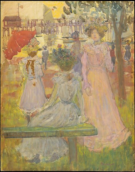 Late Afternoon, Summer, Maurice Brazil Prendergast  (American, St. John’s, Newfoundland 1858–1924 New York), Watercolor and pastel over pencil, bordered in pencil along lower edge