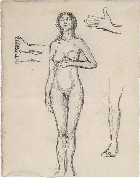 Standing Nude Woman and Studies of a Hand, Leg, and Feet, Maurice Brazil Prendergast  (American, St. John’s, Newfoundland 1858–1924 New York), Pencil 