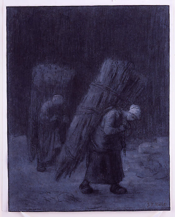 Women Carrying Faggots, Jean-François Millet (French, Gruchy 1814–1875 Barbizon), Charcoal heightened with white gouache, charcoal border, on heavy laid gray-blue paper