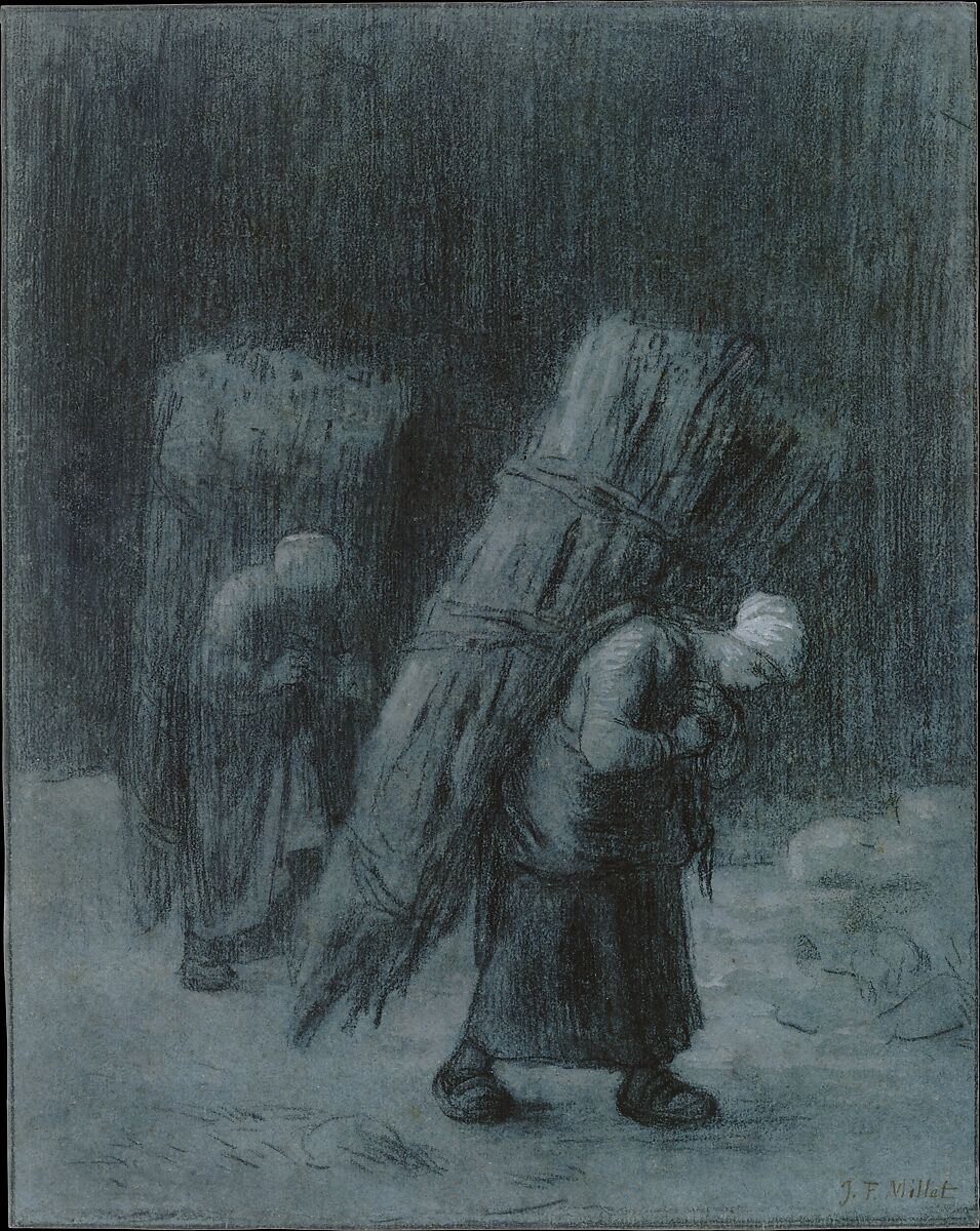 Women Carrying Faggots, Jean-François Millet (French, Gruchy 1814–1875 Barbizon), Charcoal heightened with white gouache, charcoal border, on heavy laid gray-blue paper 