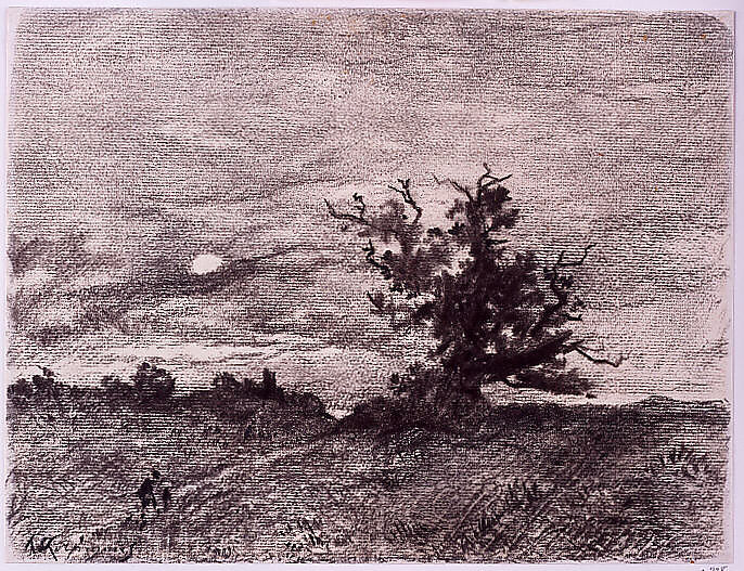 Moonlit Landscape, Henri-Joseph Harpignies (French, Valenciennes 1819–1916 Saint-Privé), Charcoal on off-white laid paper