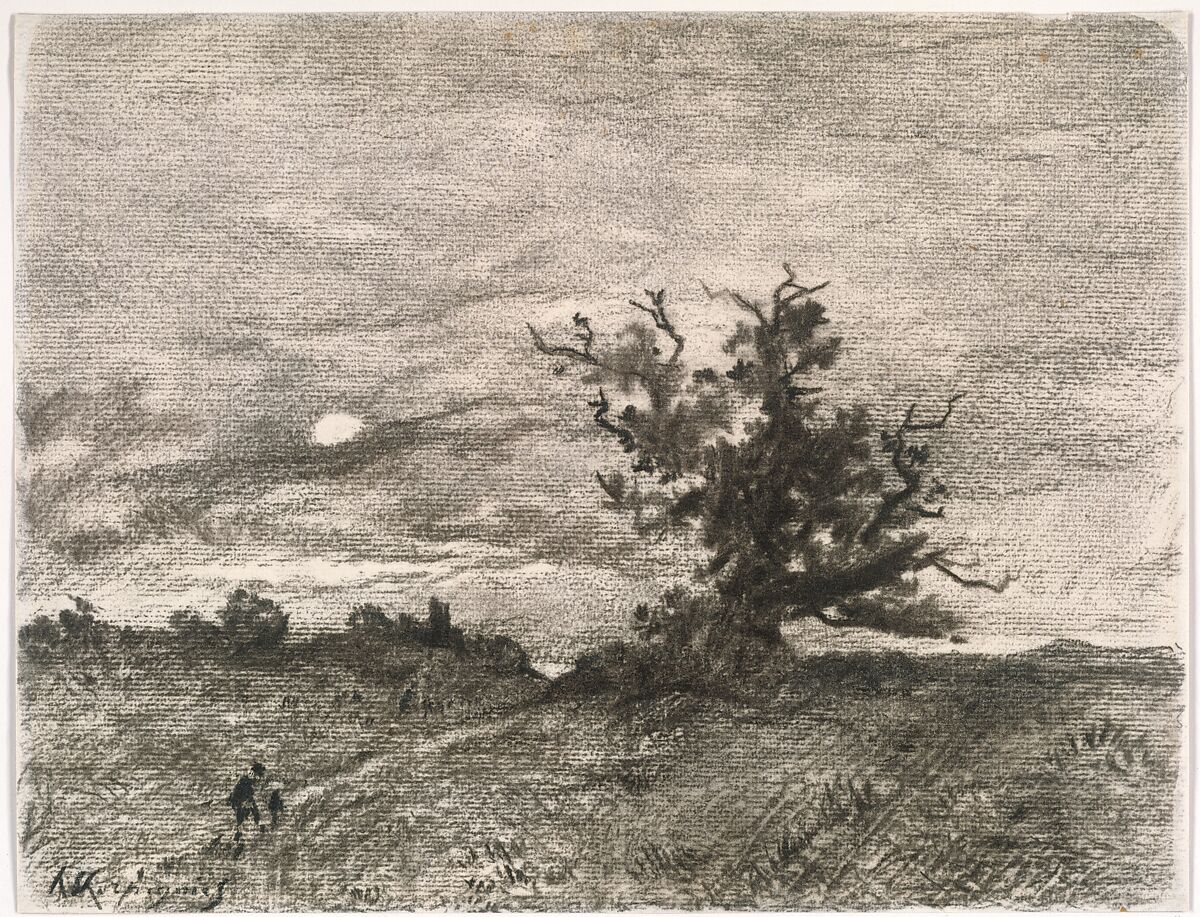 Moonlit Landscape, Henri-Joseph Harpignies (French, Valenciennes 1819–1916 Saint-Privé), Charcoal on off-white laid paper 