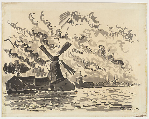 Windmills, Paul Signac (French, Paris 1863–1935 Paris), China ink and ink wash 