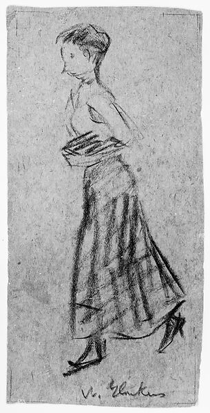 Edith Glackens Walking, William James Glackens (American, Philadelphia, Pennsylvania 1870–1938 Westport, Connecticut), Black chalk on dark brown paper
