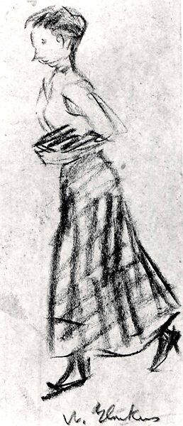 Edith Glackens Walking, William James Glackens (American, Philadelphia, Pennsylvania 1870–1938 Westport, Connecticut), Black chalk on dark brown paper