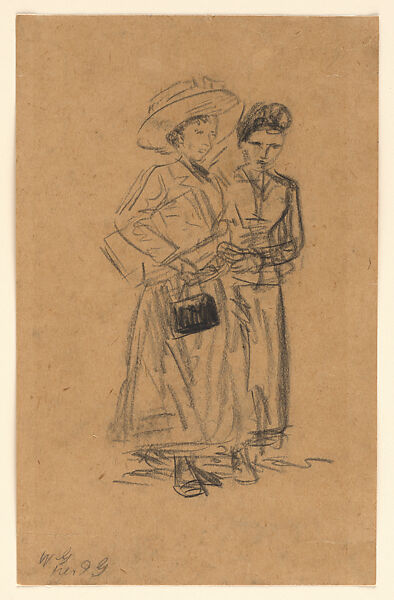 Two Women Walking, William James Glackens (American, Philadelphia, Pennsylvania 1870–1938 Westport, Connecticut), Black chalk on brown paper 