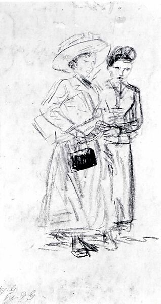 Two Women Walking, William James Glackens (American, Philadelphia, Pennsylvania 1870–1938 Westport, Connecticut), Black chalk on brown paper