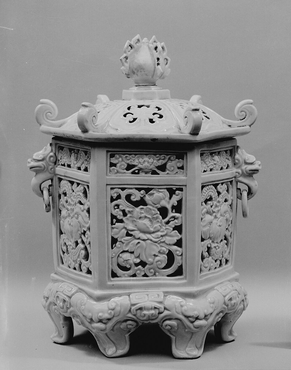Incense Burner in the Shape of a Hanging Lantern (one of a pair), White porcelain with mouded designs (Hirado ware), Japan 