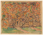 East Hampton House, Autumn, James Preston (American, Roxborough, Pennsylvania 1873–1962 East Hampton, New York), Watercolor over black chalk on board; bordered with a straight edge in pencil