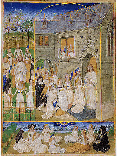 The Holy Virgins Greeted by Christ as They Enter the Gates of Paradise, Simon Marmion (French, Amiens ca. 1425–1489 Valenciennes), Tempera and gold leaf on parchment
