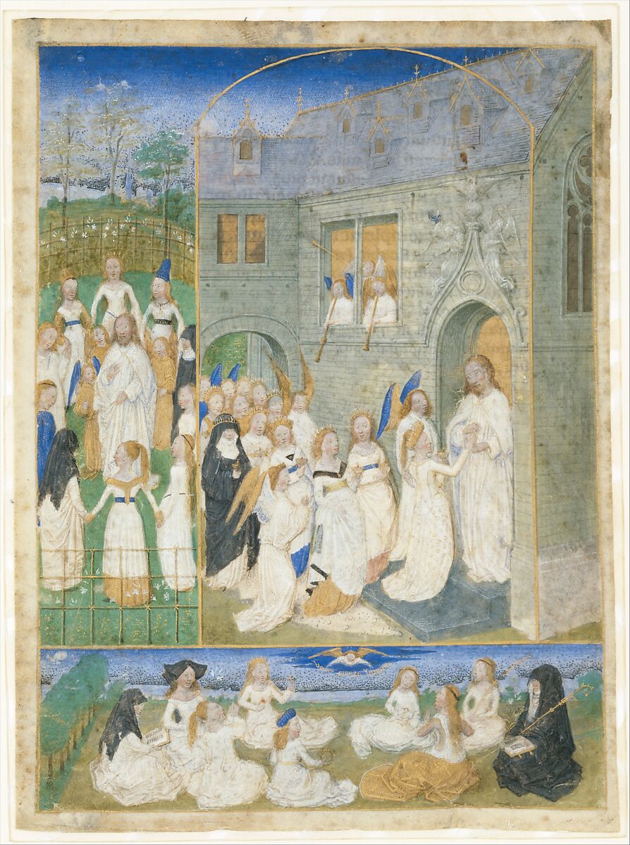 The Holy Virgins Greeted by Christ as They Enter the Gates of Paradise, Simon Marmion (French, Amiens ca. 1425–1489 Valenciennes), Tempera and gold leaf on parchment 
