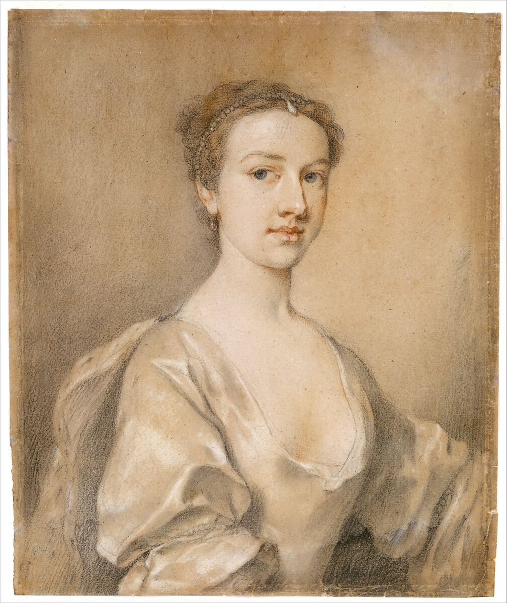 Portrait of a Lady, Jacopo Amigoni  Italian, Black, white, and red chalk, with pastel on brownish paper