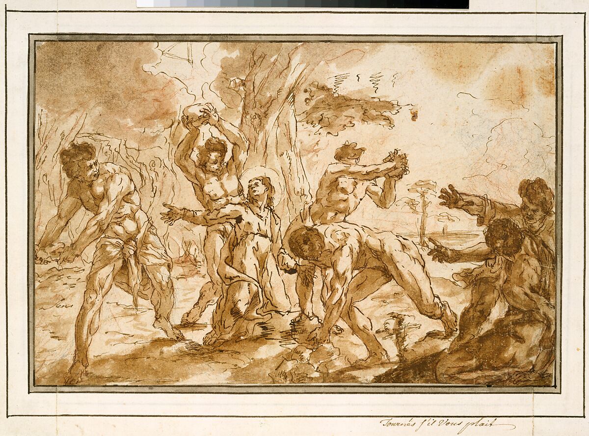 The Stoning of Saint Stephen, Niccolo (Nicolaus) Bambini (Italian, Venice 1651–1736 Venice), Pen and brown ink, brown wash, over red and black chalk 